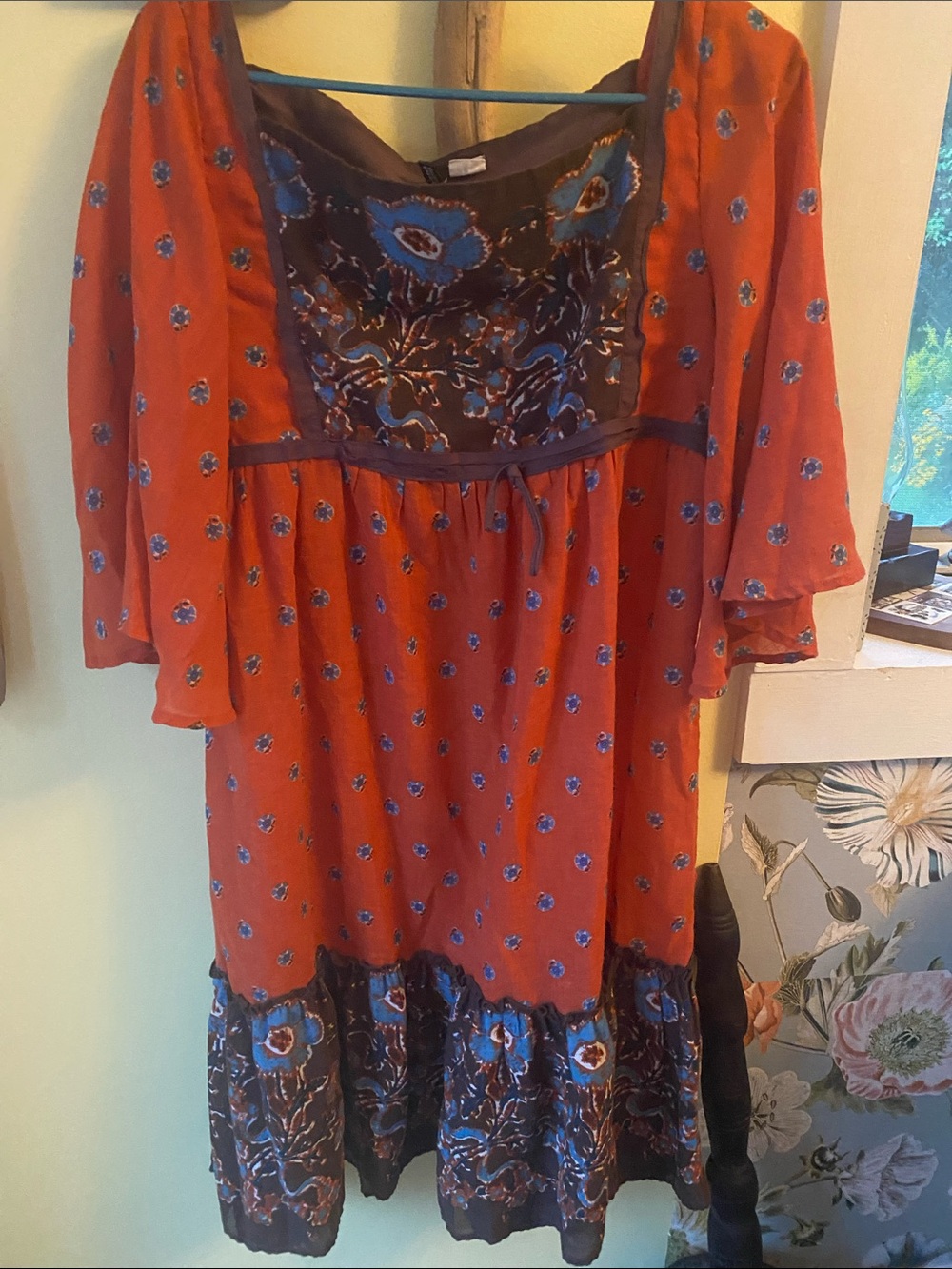Vintage Rust  Dress with Blue Floral Embroidery made in India